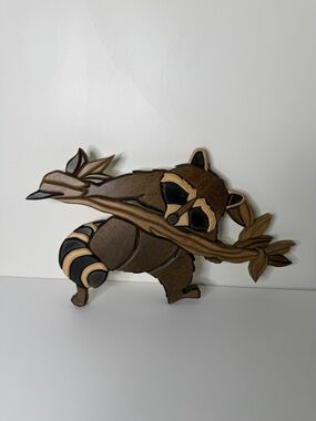 Vintage Raccoon Intarsia Wood Art - 3D Handcrafted Wall Hanging